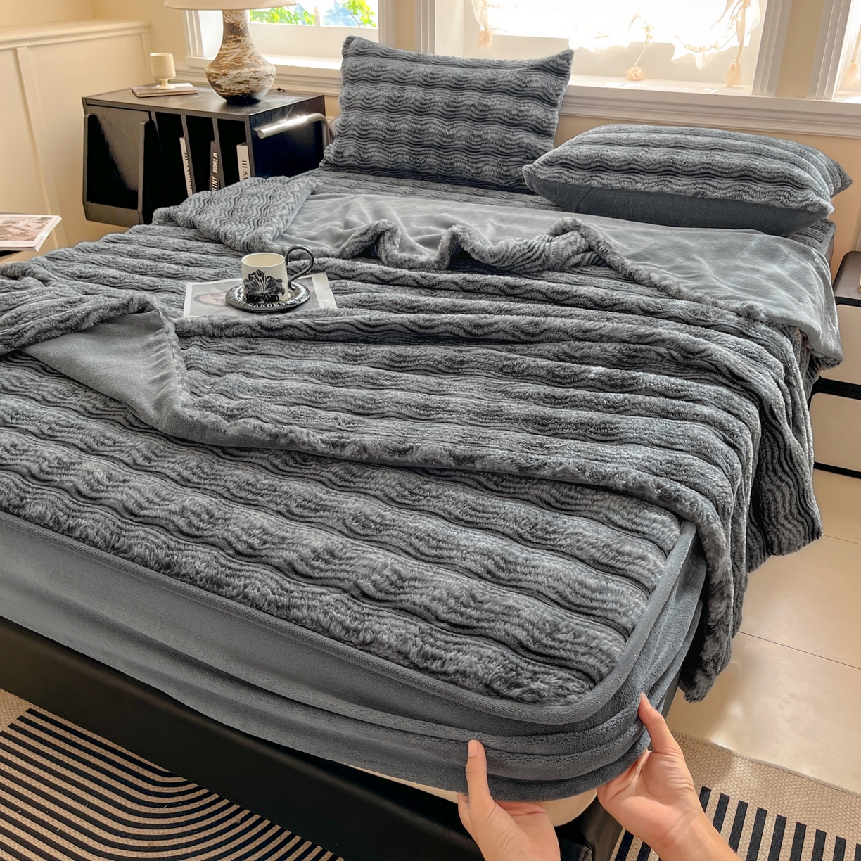云木里 2025新款轻奢波纹皮草兔毛绒床笠单床笠床笠单件波纹系列 波纹-深灰