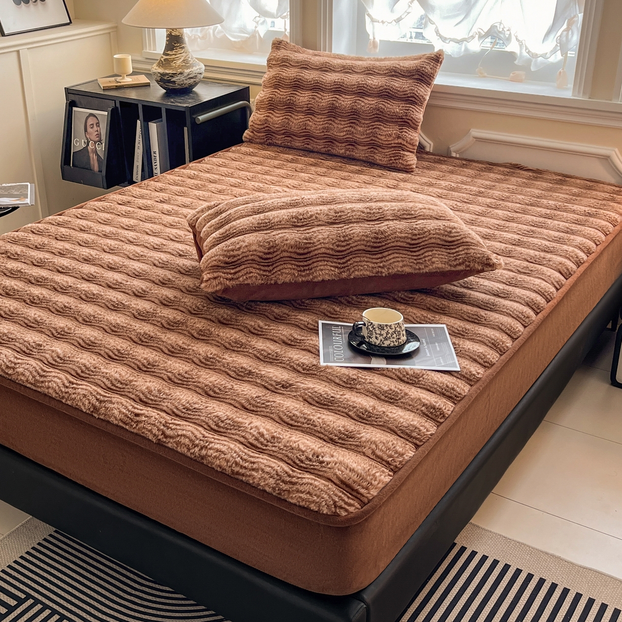 91家纺网 家纺一手货源 找家纺 云木里 2025新款轻奢波纹皮草兔毛绒床笠单床笠床笠单件波纹系列 波纹-深咖