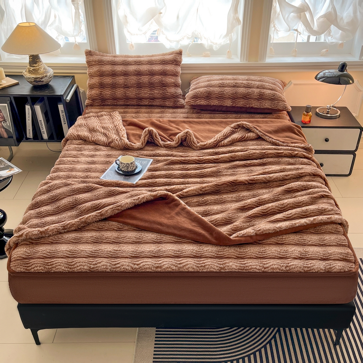 91家纺网 家纺一手货源 找家纺 云木里 2025新款轻奢波纹皮草兔毛绒床笠单床笠床笠单件波纹系列 波纹-深咖