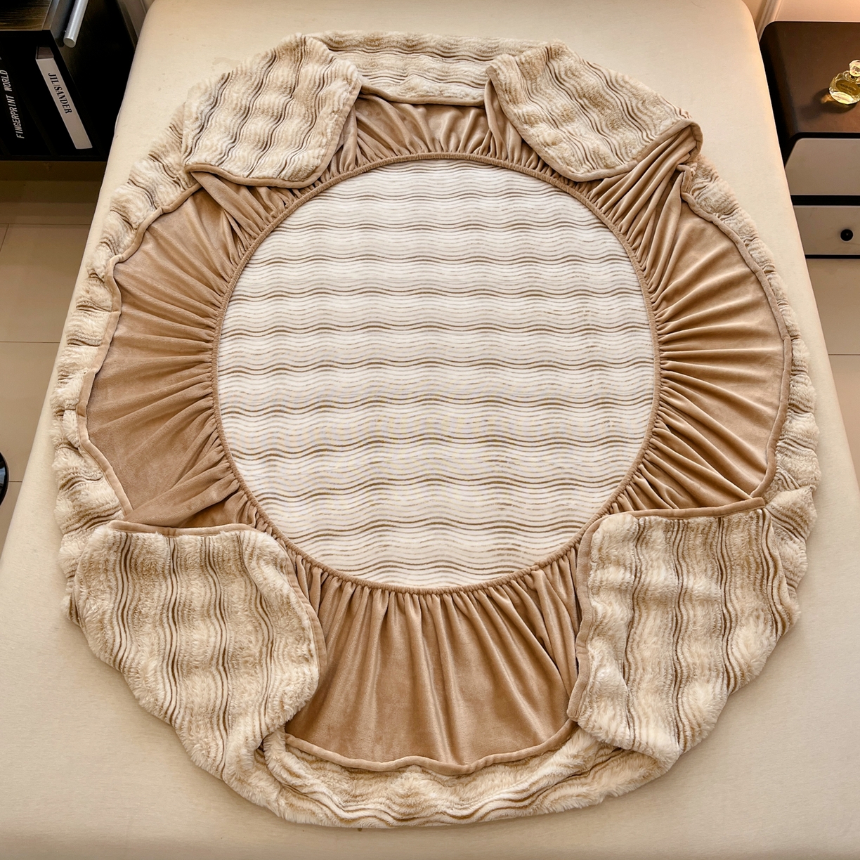 91家纺网 家纺一手货源 找家纺 云木里 2025新款轻奢波纹皮草兔毛绒床笠单床笠床笠单件波纹系列 波纹-米杏