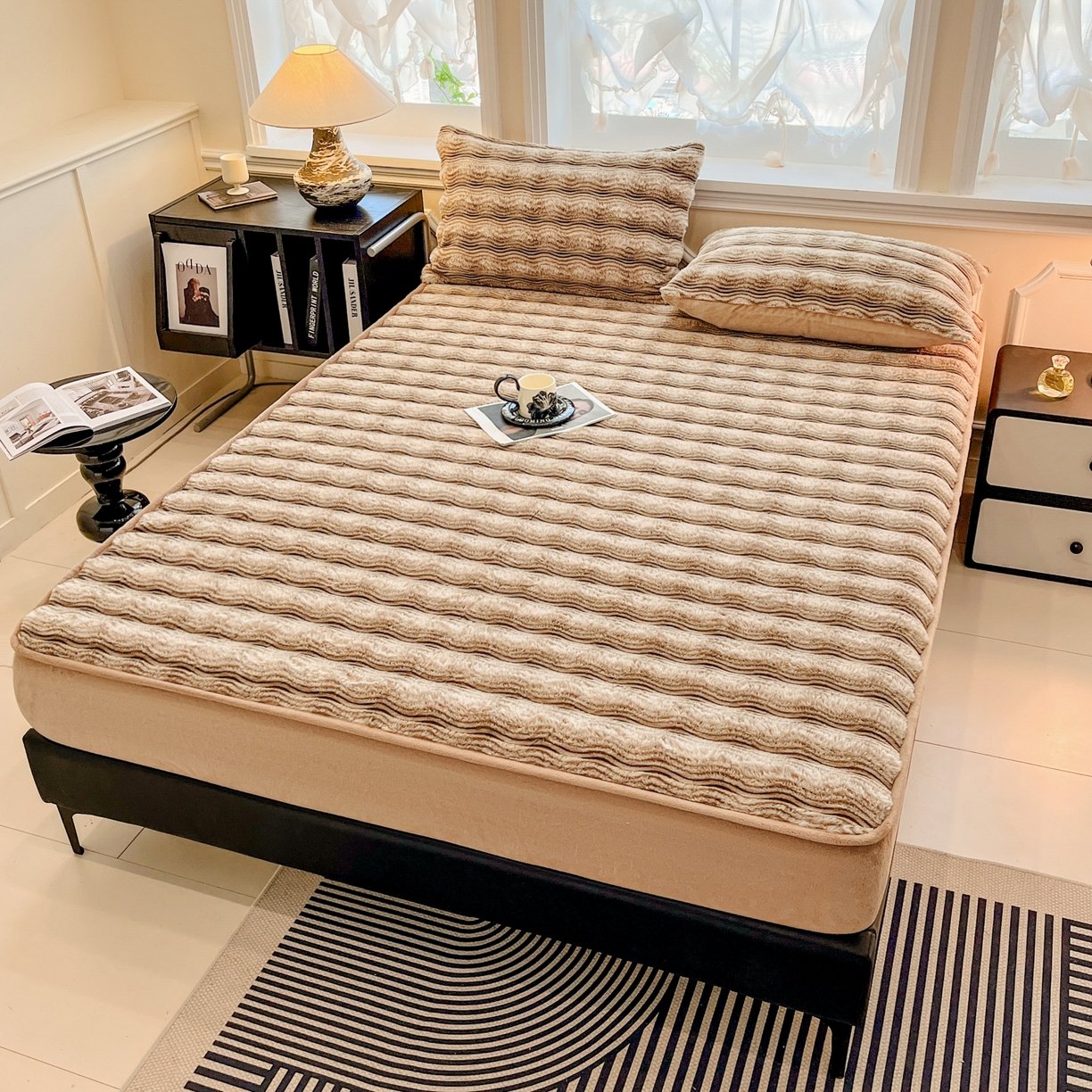 91家纺网 家纺一手货源 找家纺 云木里 2025新款轻奢波纹皮草兔毛绒床笠单床笠床笠单件波纹系列 波纹-卡其