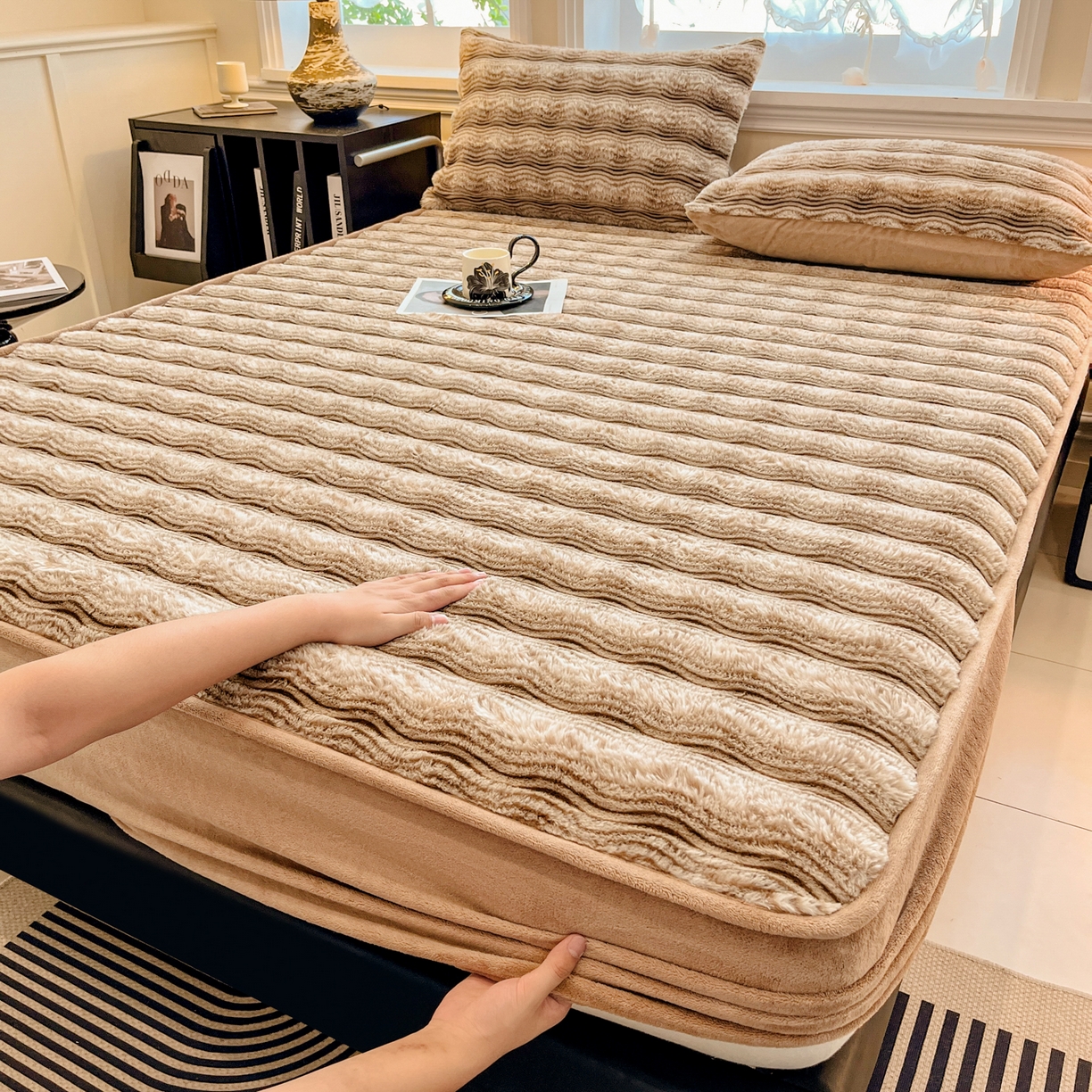 91家纺网 家纺一手货源 找家纺 云木里 2025新款轻奢波纹皮草兔毛绒床笠单床笠床笠单件波纹系列 波纹-卡其