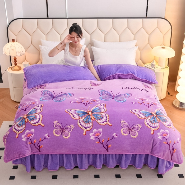 91家纺网 家纺一手货源 找家纺 （总）首选家纺 2025新款加厚保暖牛奶绒金貂绒法莱绒床裙款四件套