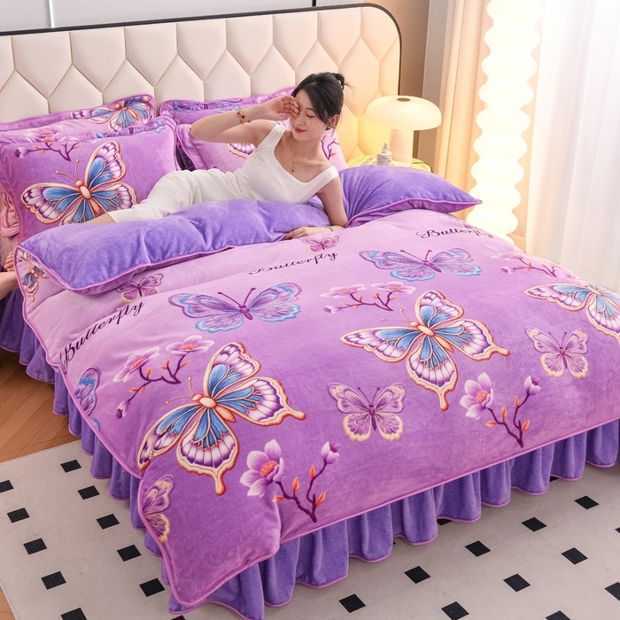 91家纺网 家纺一手货源 找家纺 （总）首选家纺 2025新款加厚保暖牛奶绒金貂绒法莱绒床裙款四件套