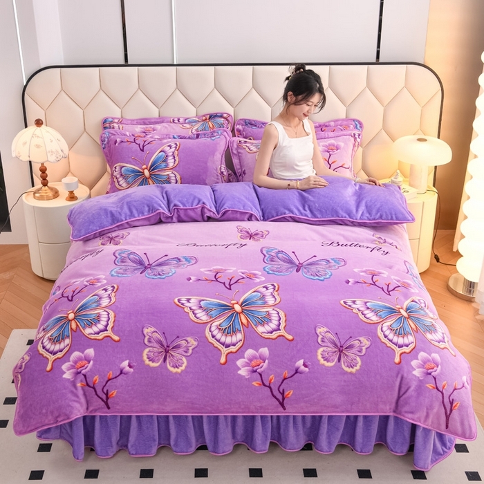 91家纺网 家纺一手货源 找家纺 （总）首选家纺 2025新款加厚保暖牛奶绒金貂绒法莱绒床裙款四件套