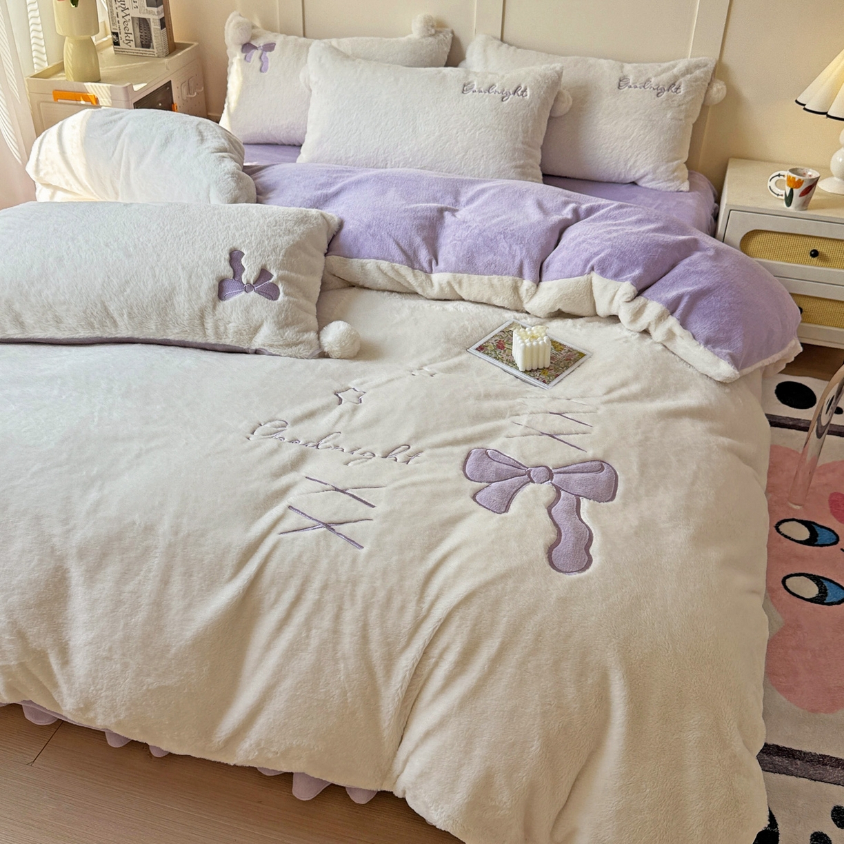 麦朵家居 2025新款毛球高克重兔毛贴布绣牛奶绒四件套高克重宝宝绒床裙款四件套 兔毛-领结紫