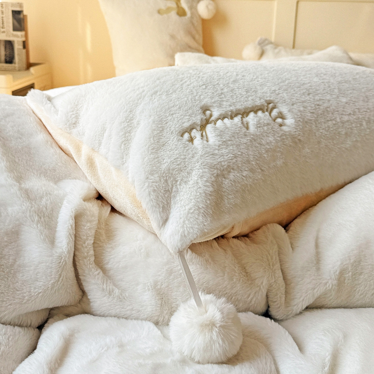 91家纺网 家纺一手货源 找家纺 麦朵家居 2025新款毛球高克重兔毛贴布绣牛奶绒四件套高克重宝宝绒床裙款四件套 兔毛-领结黄