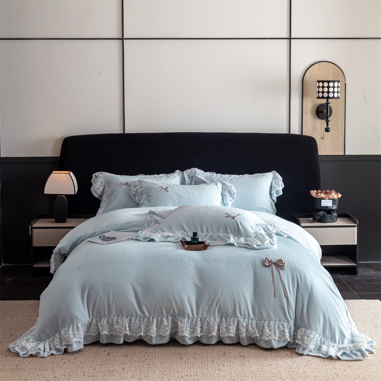 罗优家纺 2025新款柔梦花边款暖绒四件套 柔雾蓝