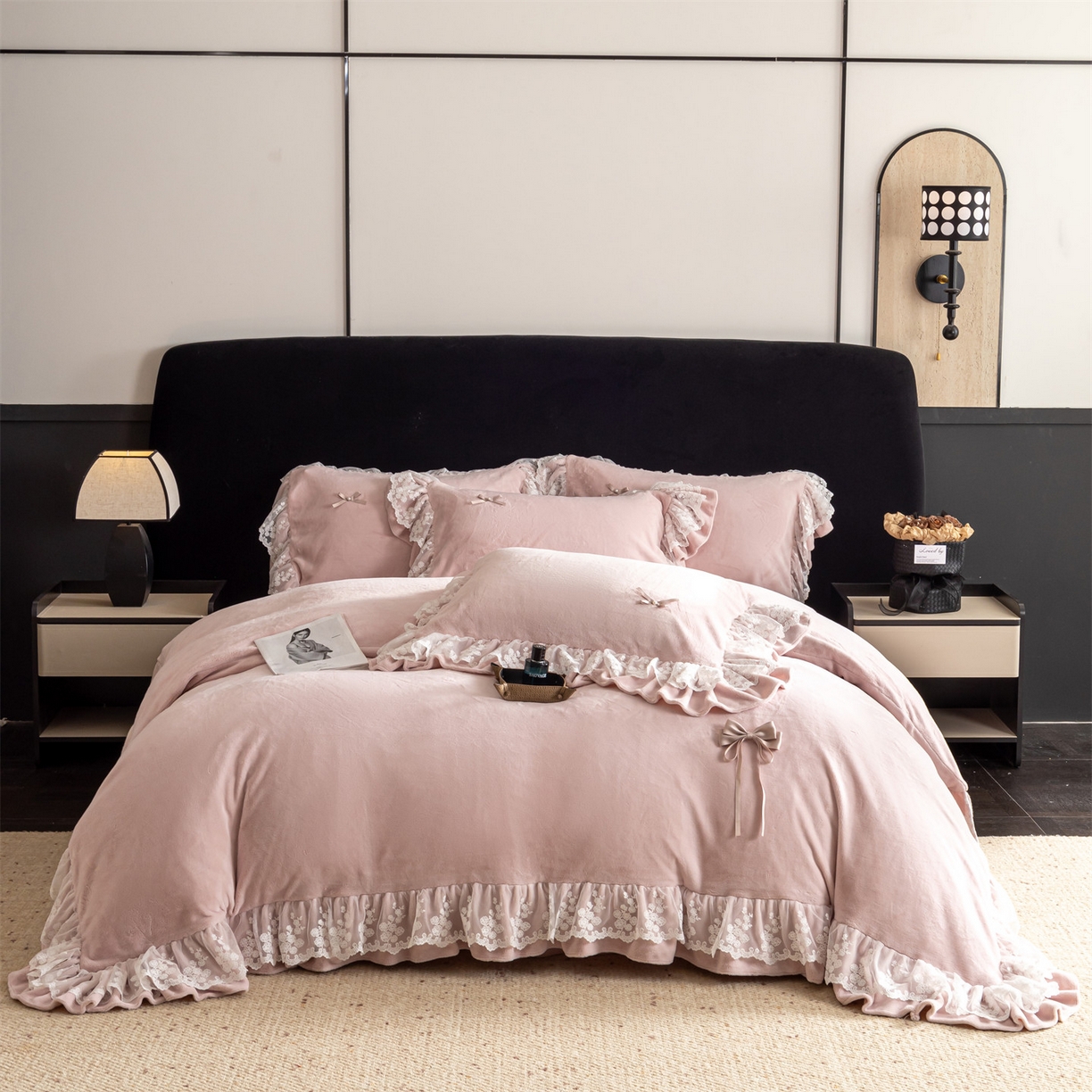 罗优家纺 2025新款柔梦花边款暖绒四件套 甜梦粉