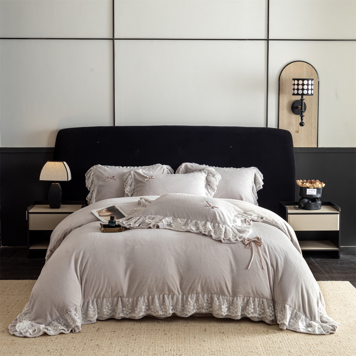 罗优家纺 2025新款柔梦花边款暖绒四件套 柔雅灰
