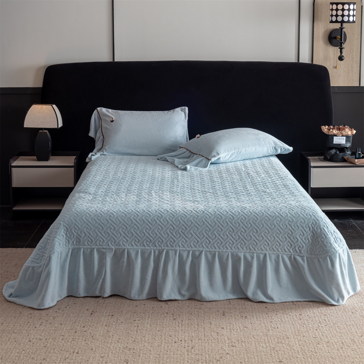 91家纺网 家纺一手货源 找家纺 罗优家纺 2025新款柔暖皱幔款暖绒四件套 浅蓝