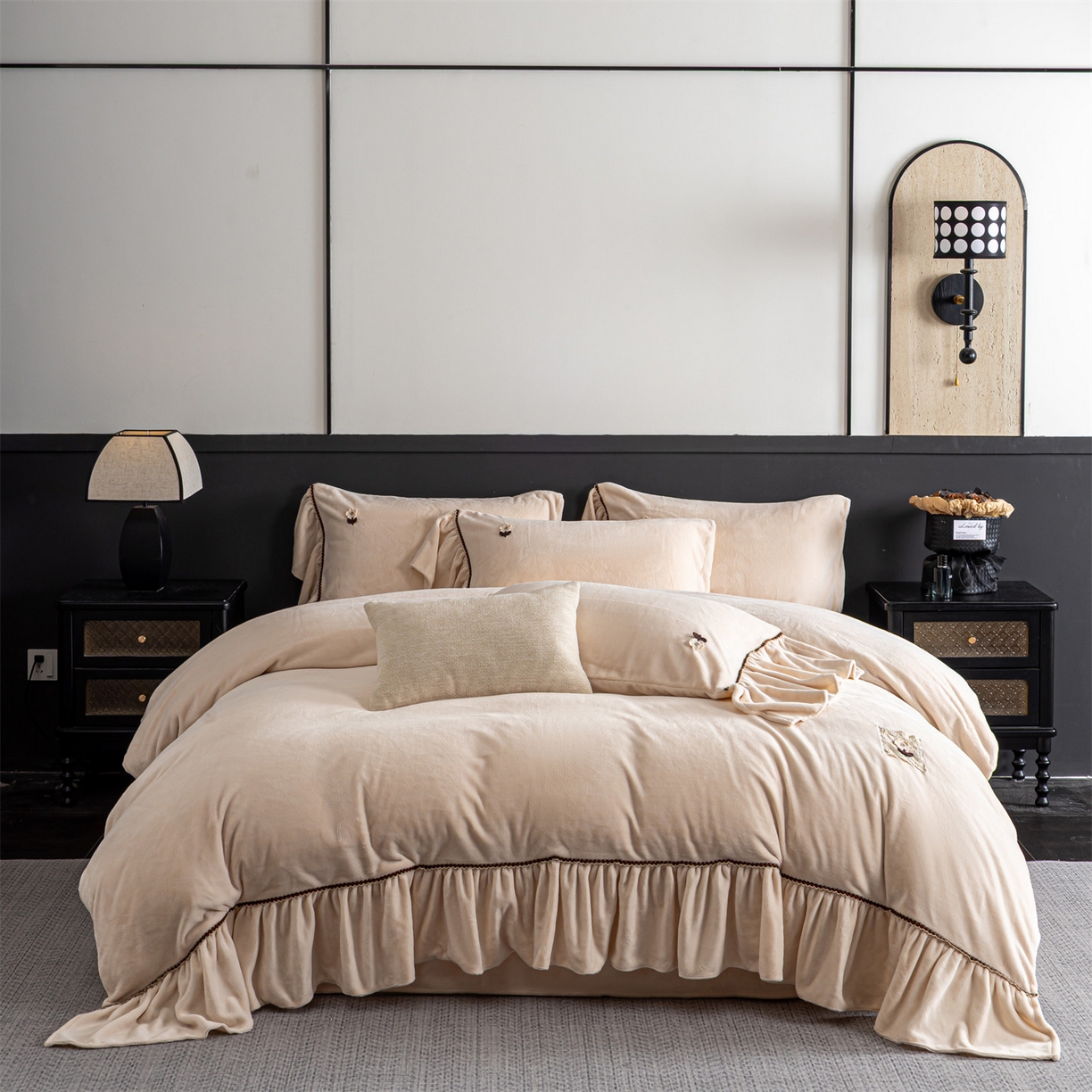 罗优家纺 2025新款柔暖皱幔款暖绒四件套 浅杏