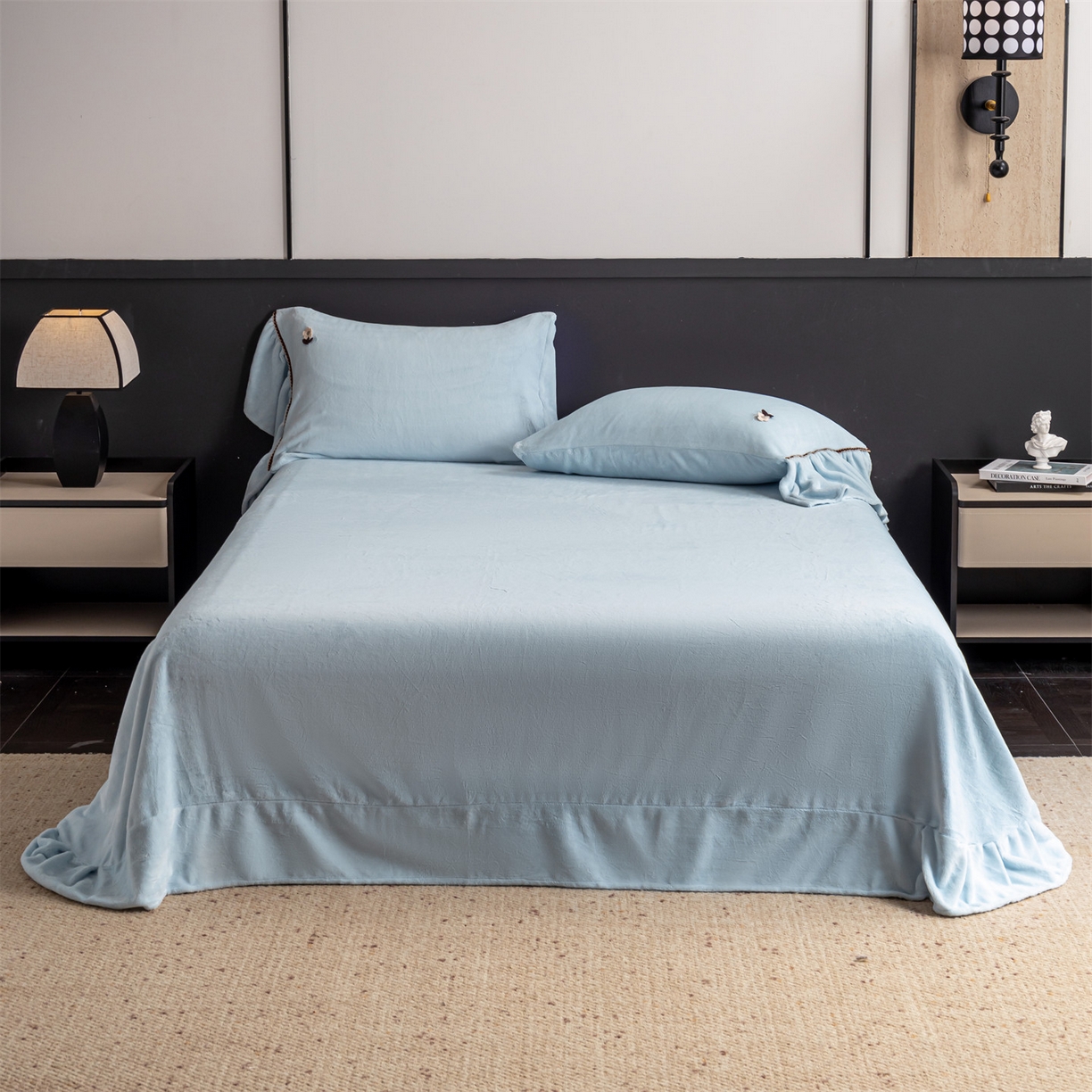 91家纺网 家纺一手货源 找家纺 罗优家纺 2025新款柔暖皱幔款暖绒四件套 浅蓝