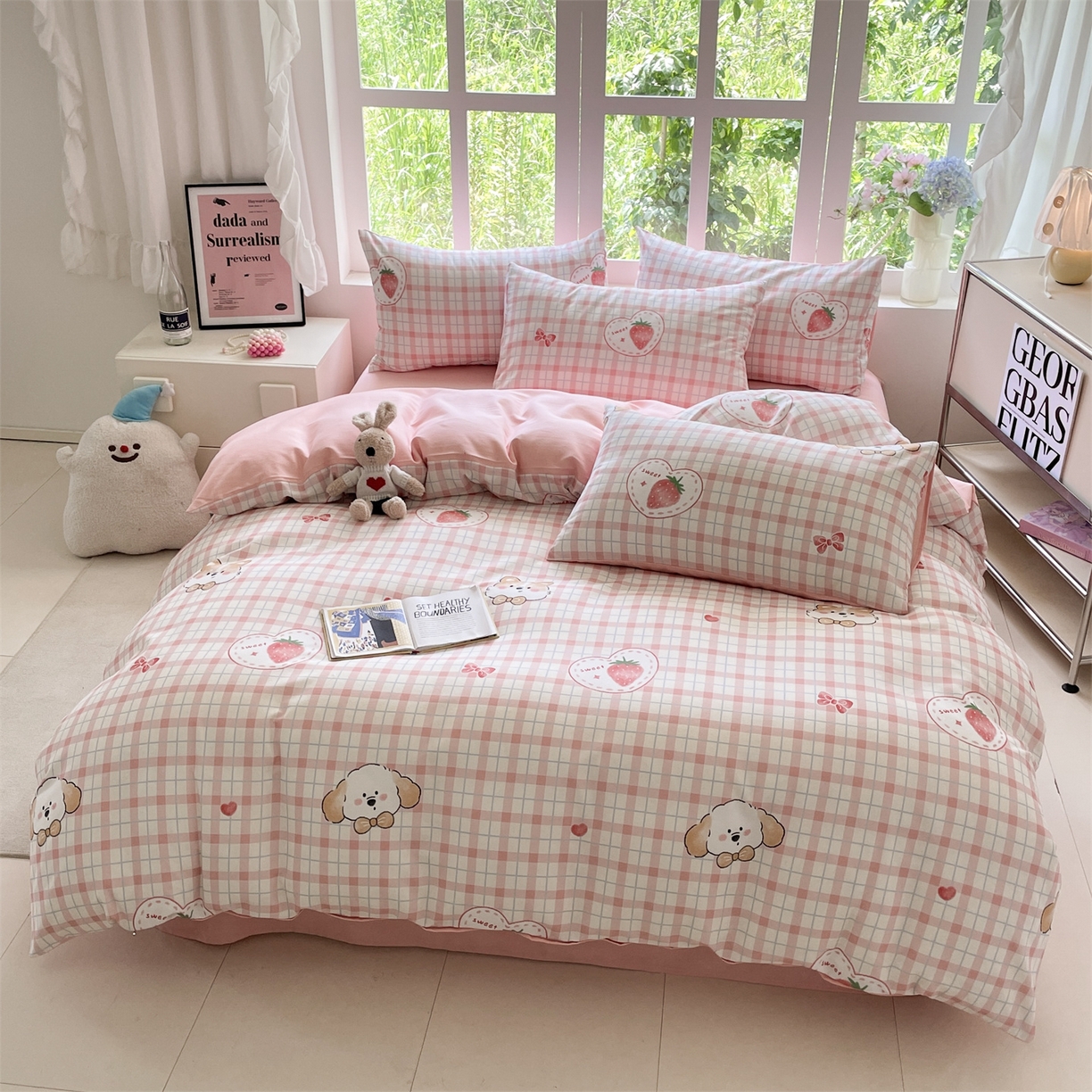 91家纺网 家纺一手货源 找家纺 本制 2025秋冬新款全棉混纺磨毛印花四件套 草莓泡芙-杨妃粉