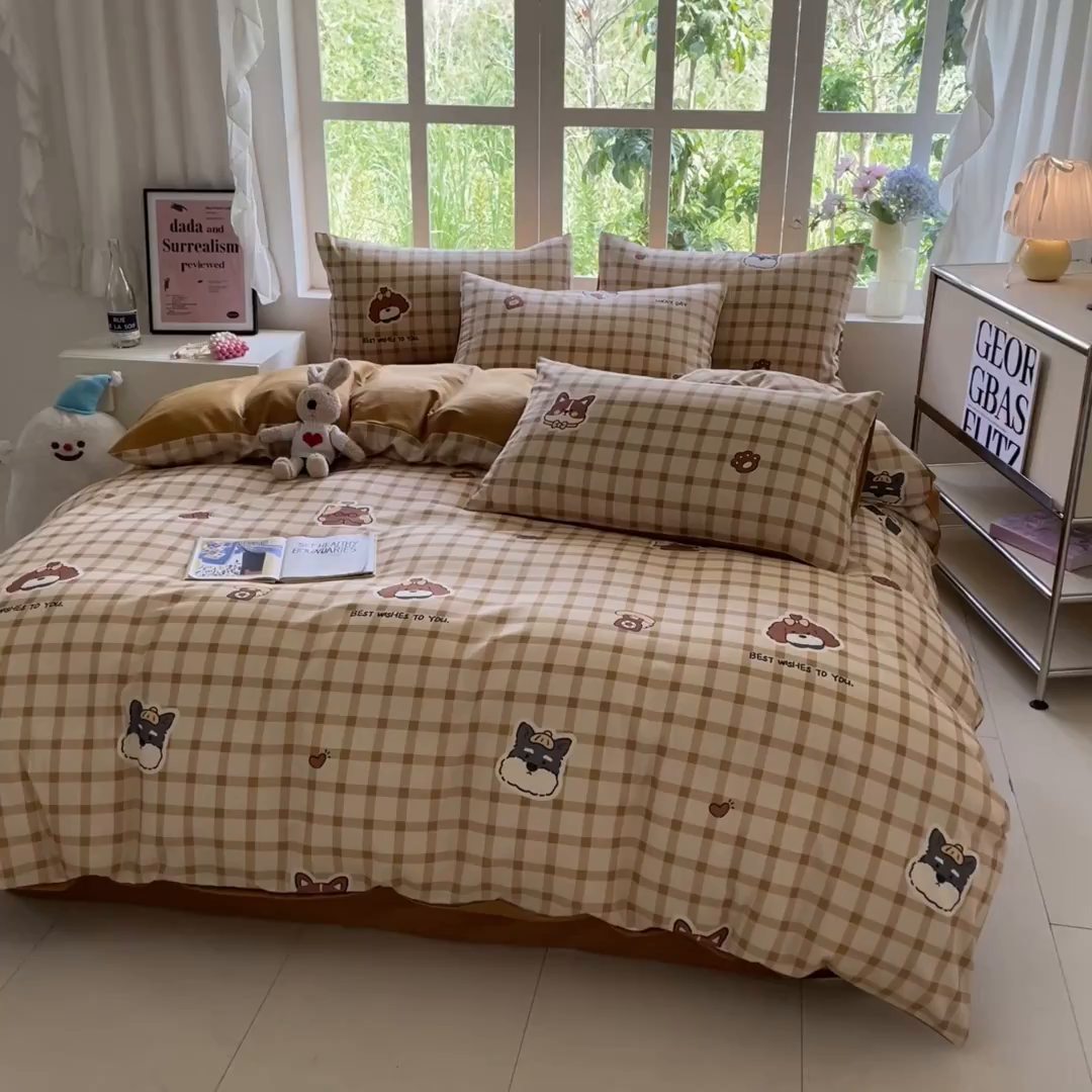 91家纺网 家纺一手货源 找家纺 本制 2025秋冬新款全棉混纺磨毛印花四件套 憨睡-陶土色