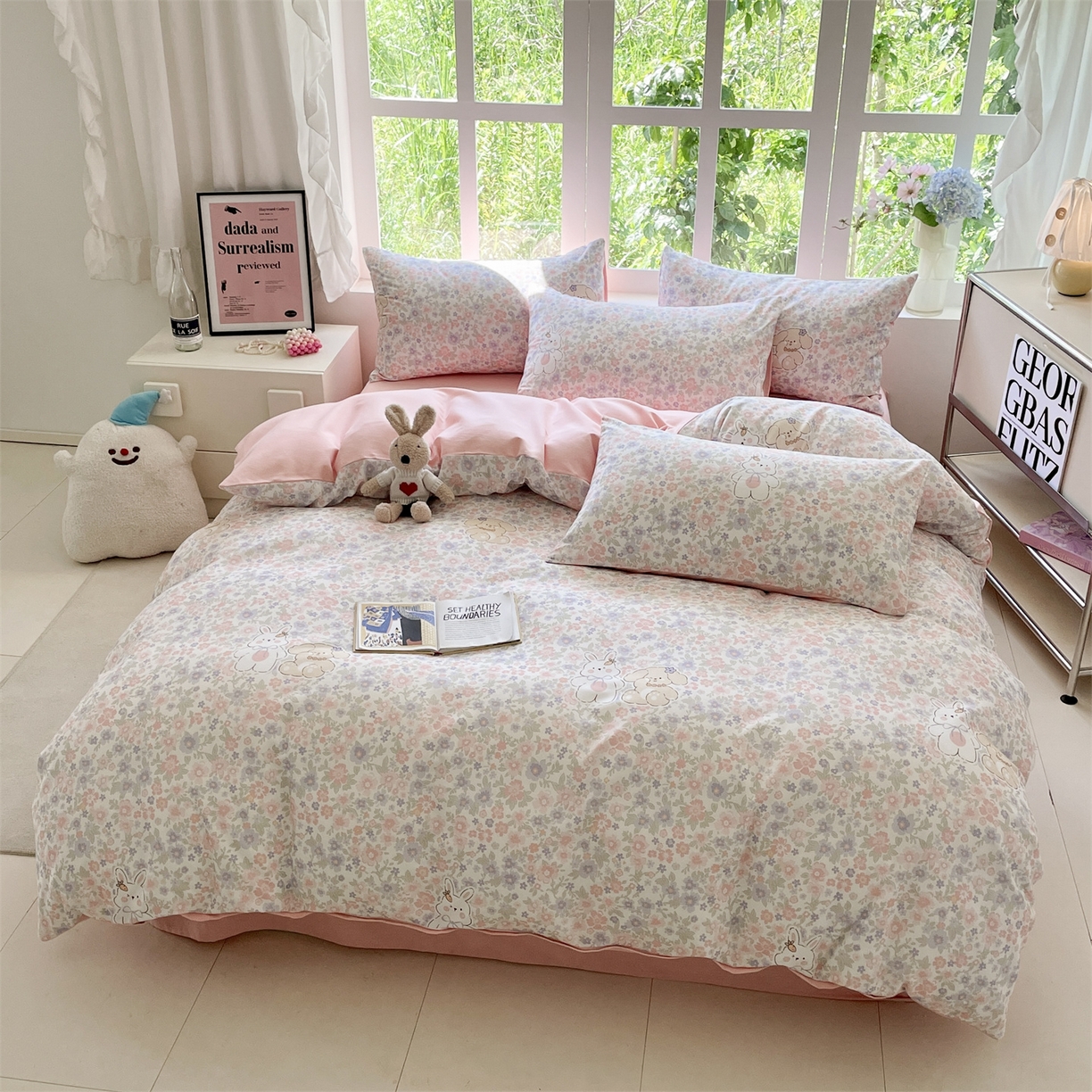 91家纺网 家纺一手货源 找家纺 本制 2025秋冬新款全棉混纺磨毛印花四件套 花涧小兔-杨妃粉