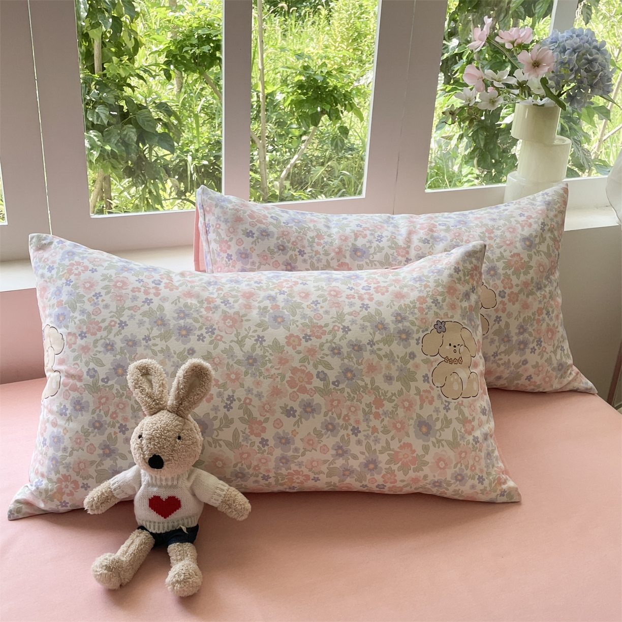 91家纺网 家纺一手货源 找家纺 本制 2025秋冬新款全棉混纺磨毛印花四件套 花涧小兔-杨妃粉