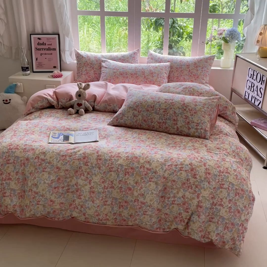 91家纺网 家纺一手货源 找家纺 本制 2025秋冬新款全棉混纺磨毛印花四件套 花千束-杨妃粉