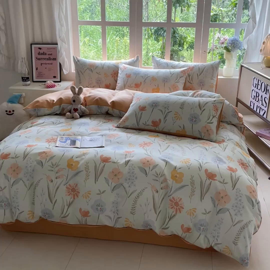 91家纺网 家纺一手货源 找家纺 本制 2025秋冬新款全棉混纺磨毛印花四件套 绿茵-蜜橙