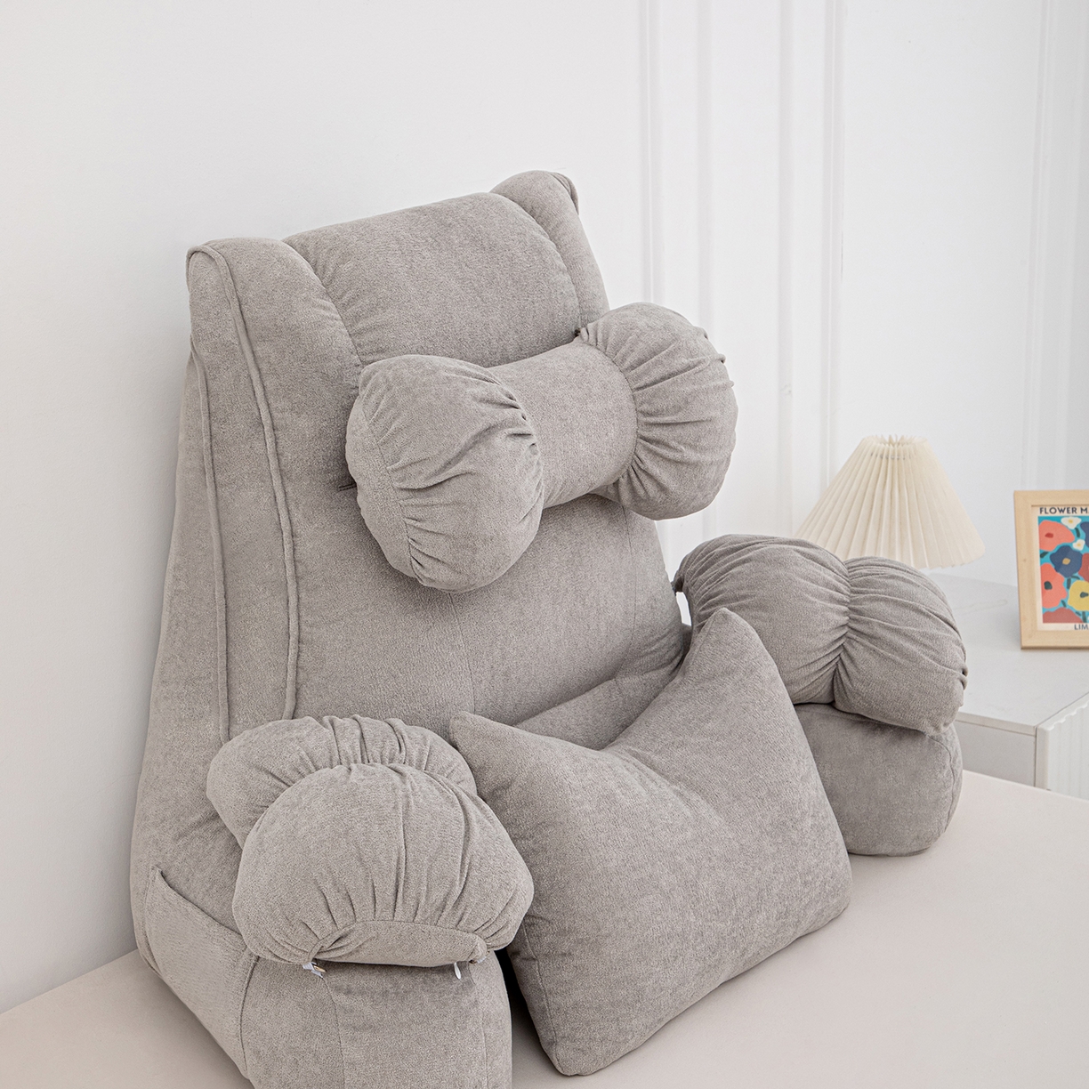 91家纺网 家纺一手货源 找家纺 沐沐家纺 2026新款小羊绒蝴蝶结护腰靠背 灰色