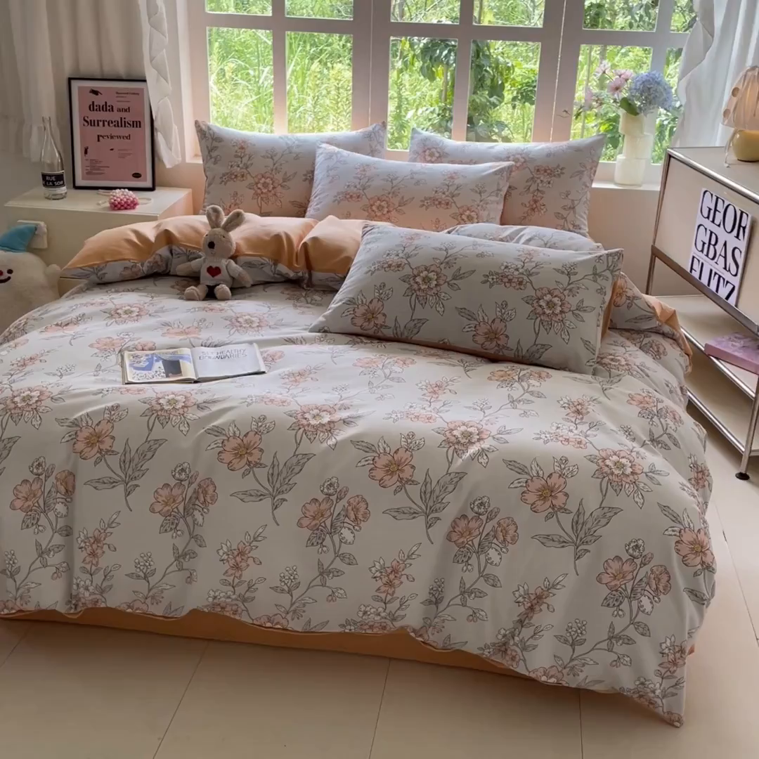 91家纺网 家纺一手货源 找家纺 本制 2025秋冬新款全棉混纺磨毛印花四件套 落花-蜜橙