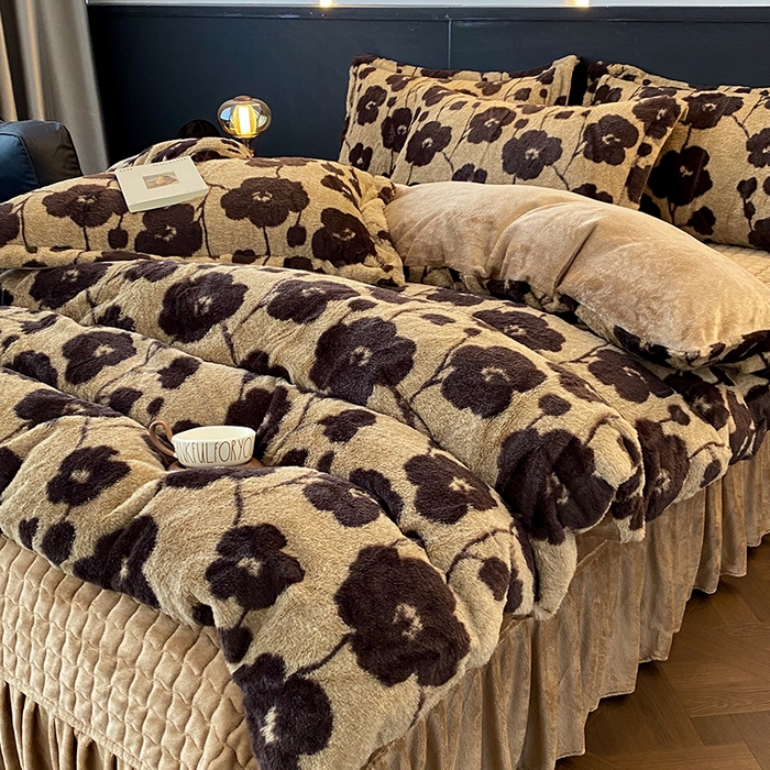 美伦美焕 2025新款直播热款高克重兔毛绒床盖款四件套 花眠咖