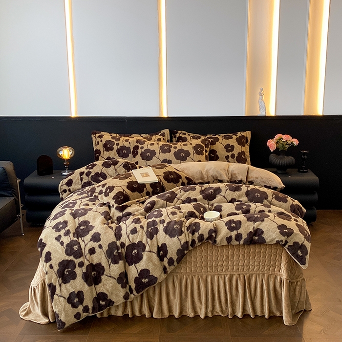 91家纺网 家纺一手货源 找家纺 美伦美焕 2025新款直播热款高克重兔毛绒床盖款四件套 花眠咖