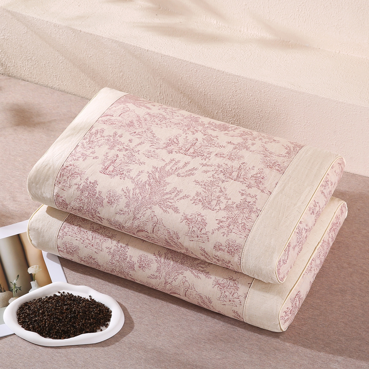 91家纺网 家纺一手货源 找家纺 （总）橘夏家纺 2025新款枕头护颈椎国潮棉麻纯荞麦壳可拆洗可替换内胆助睡眠枕头枕芯