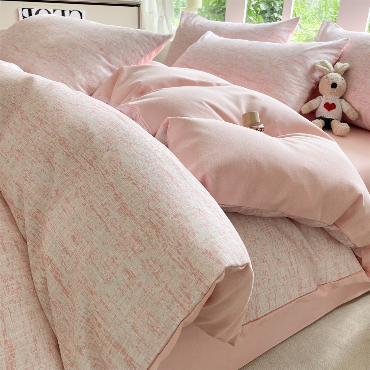 91家纺网 家纺一手货源 找家纺 本制 2025秋冬新款全棉混纺磨毛印花四件套 霞光（粉）-杨妃粉