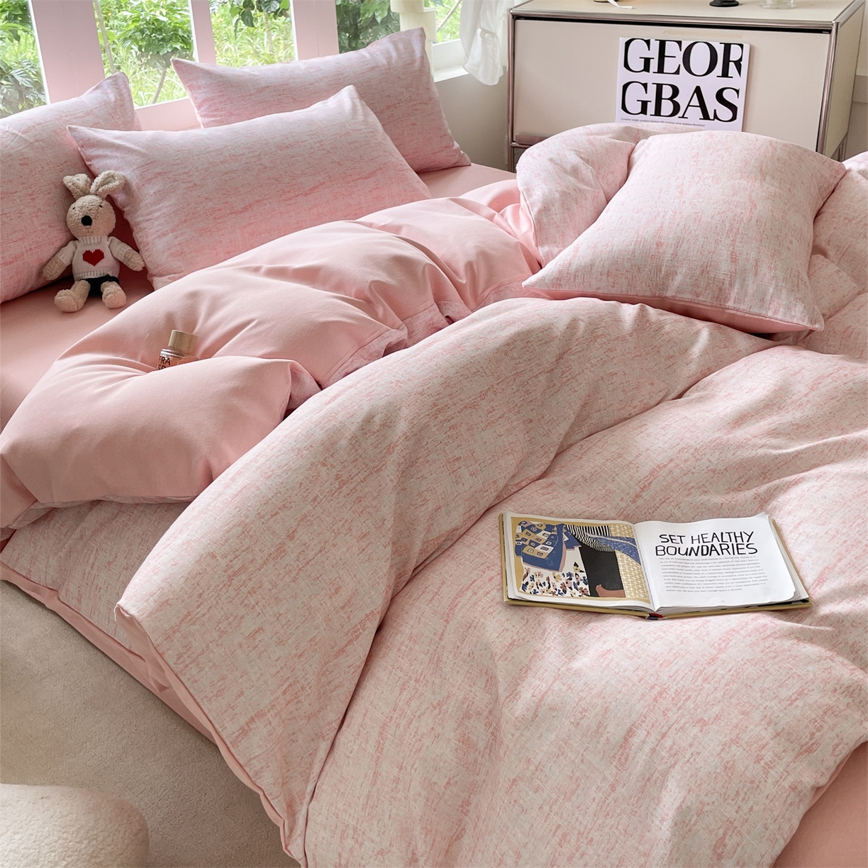 91家纺网 家纺一手货源 找家纺 本制 2025秋冬新款全棉混纺磨毛印花四件套 霞光（粉）-杨妃粉