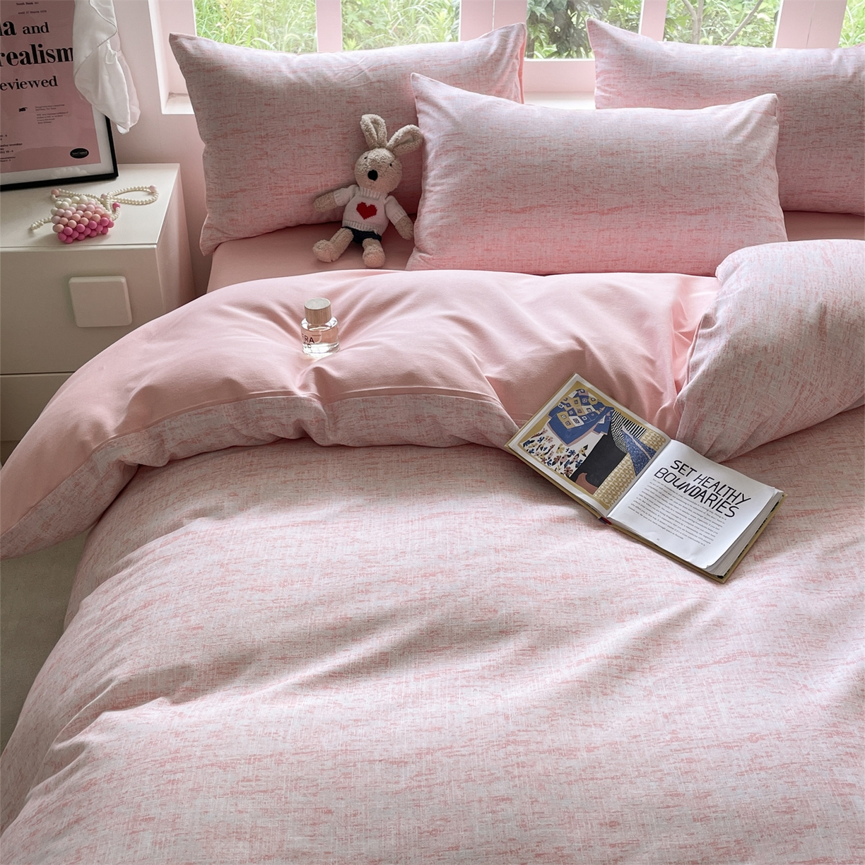 91家纺网 家纺一手货源 找家纺 本制 2025秋冬新款全棉混纺磨毛印花四件套 霞光（粉）-杨妃粉