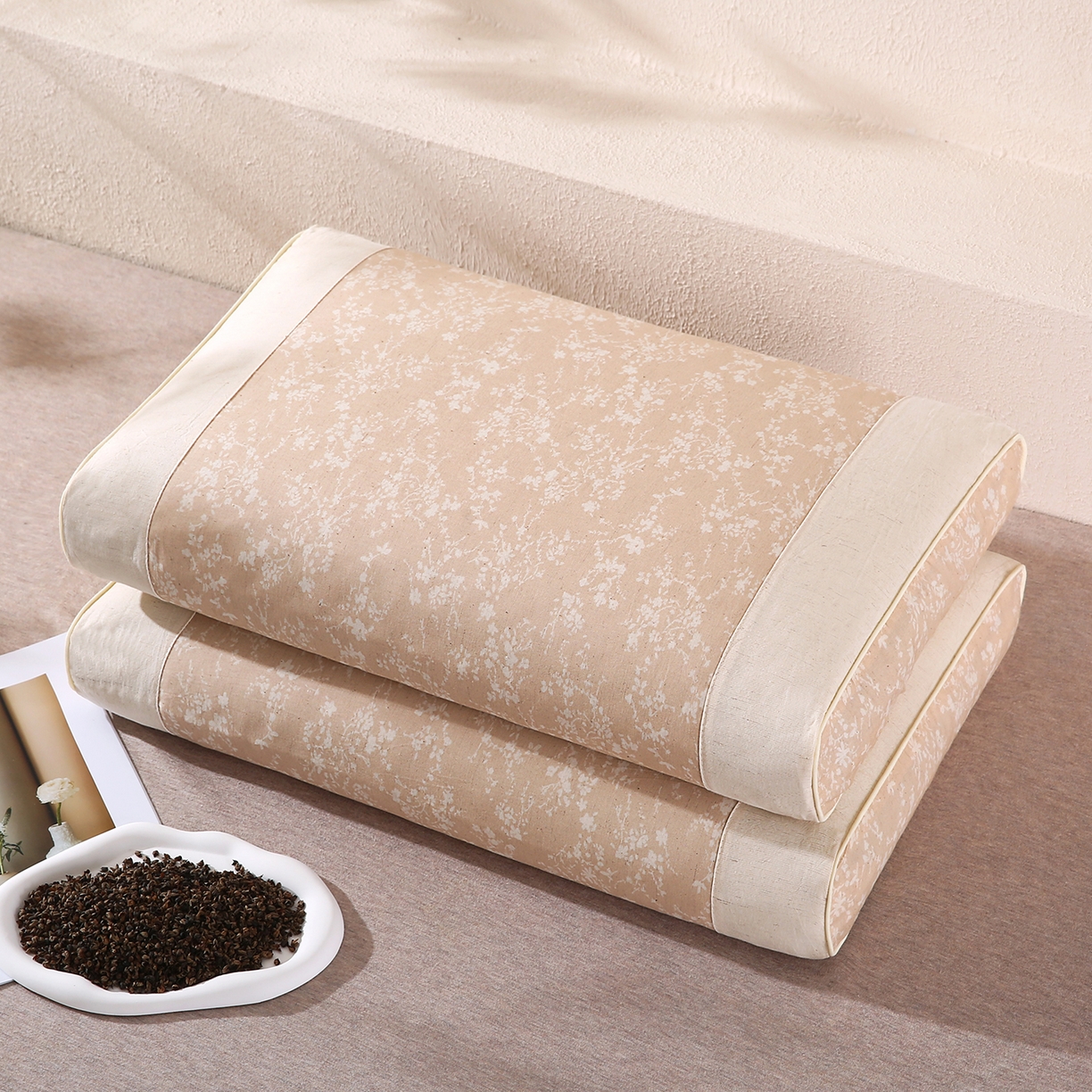 橘夏家纺 2025新款枕头护颈椎国潮棉麻纯荞麦壳可拆洗可替换内胆助睡眠枕头枕芯 锦韵-亚麻棕