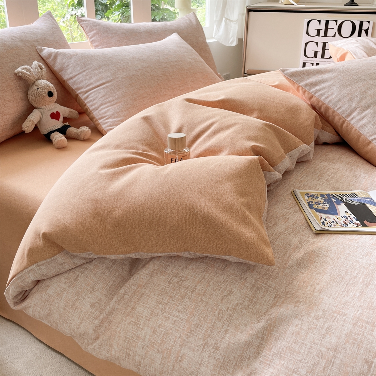 91家纺网 家纺一手货源 找家纺 本制 2025秋冬新款全棉混纺磨毛印花四件套 霞光（橘）-蜜橙