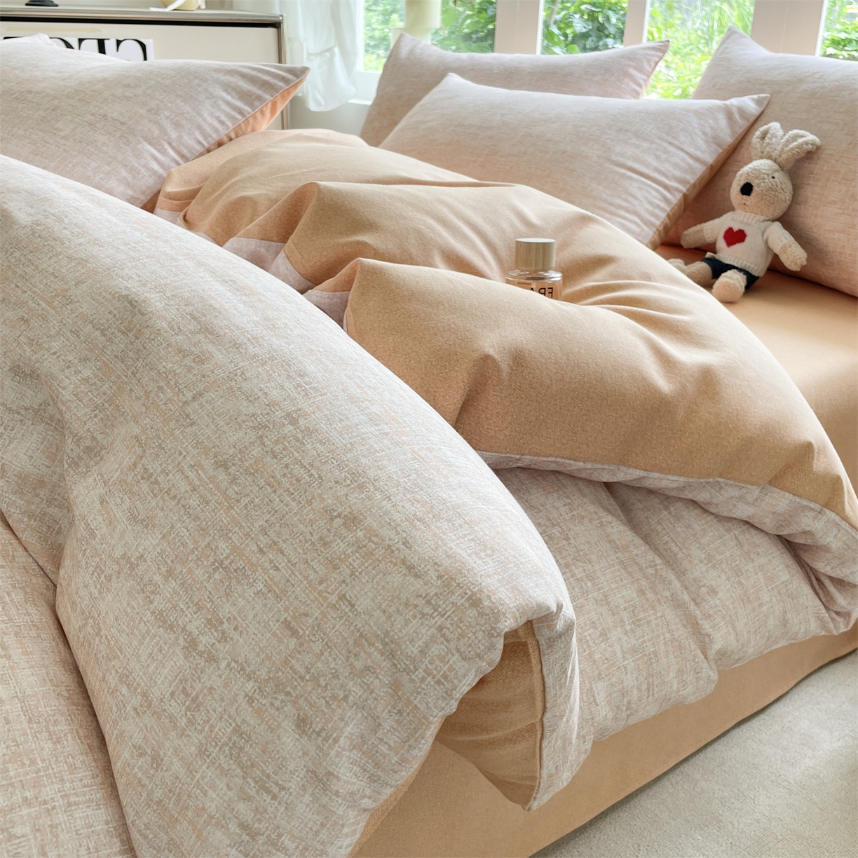 91家纺网 家纺一手货源 找家纺 本制 2025秋冬新款全棉混纺磨毛印花四件套 霞光（橘）-蜜橙