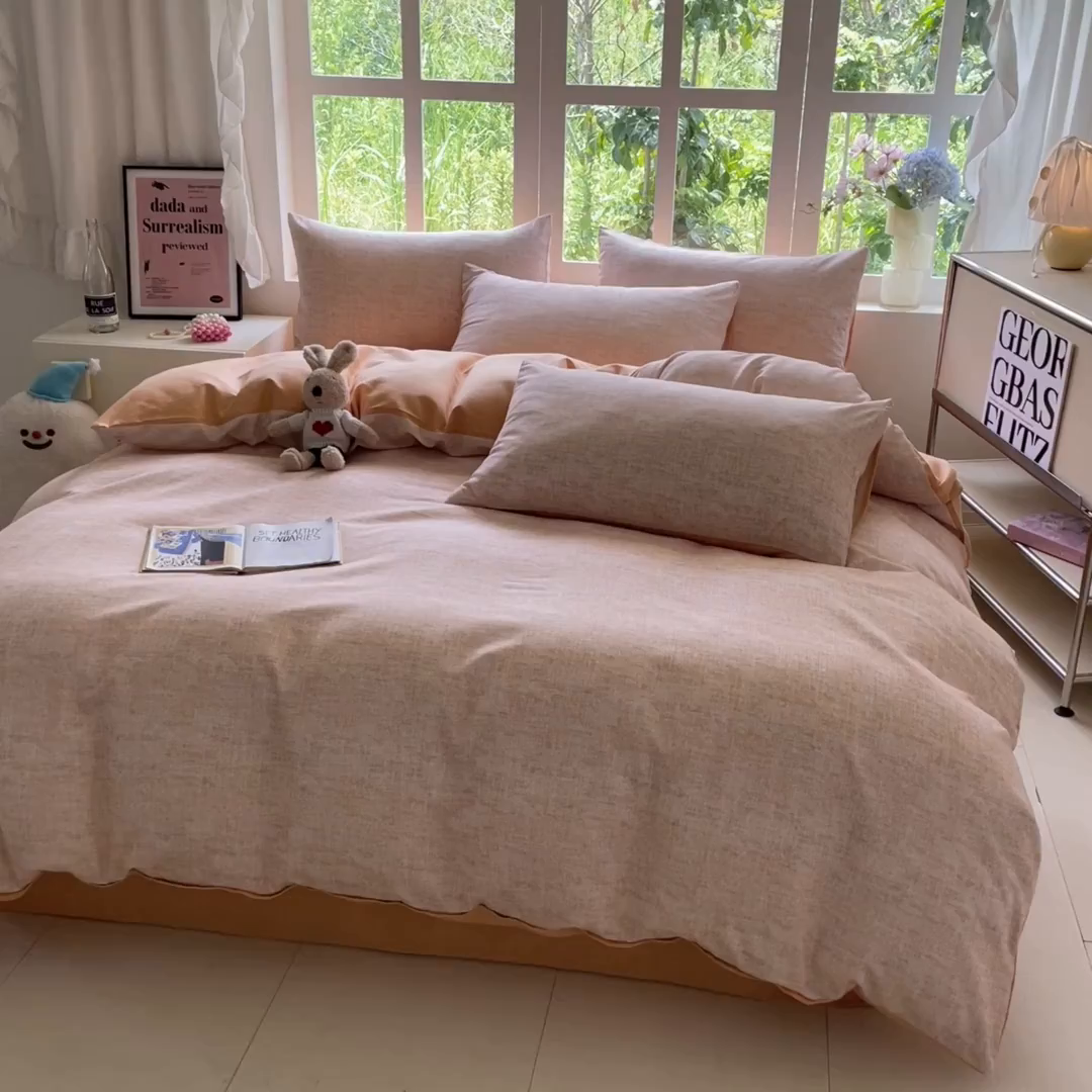 91家纺网 家纺一手货源 找家纺 本制 2025秋冬新款全棉混纺磨毛印花四件套 霞光（橘）-蜜橙