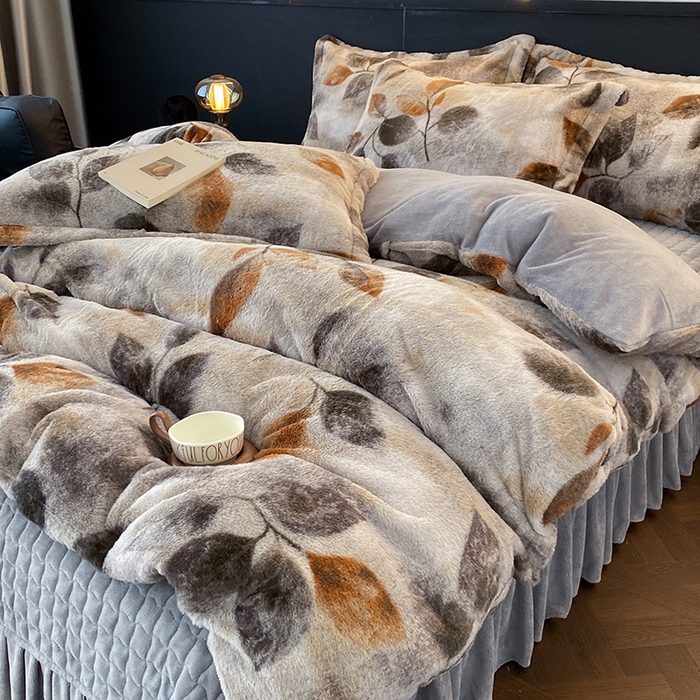 美伦美焕 2025新款直播热款高克重兔毛绒床盖款四件套 叶影-灰