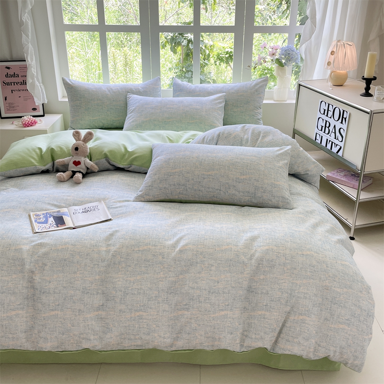 91家纺网 家纺一手货源 找家纺 本制 2025秋冬新款全棉混纺磨毛印花四件套 霞光（蓝）-无心绿