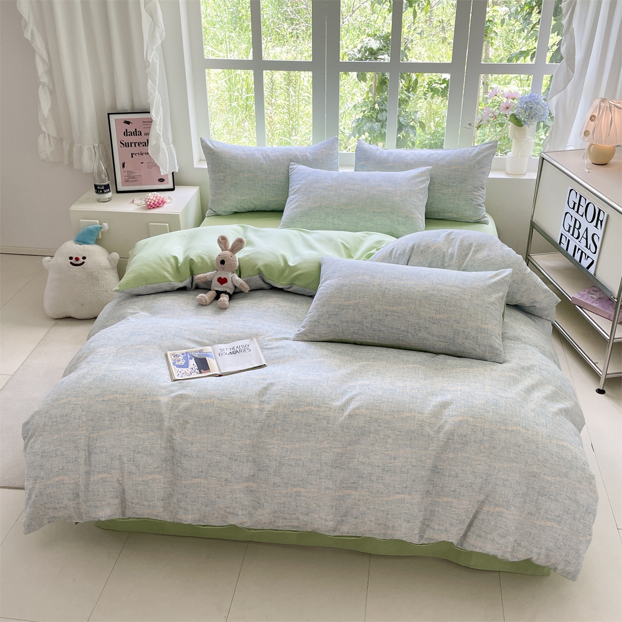 91家纺网 家纺一手货源 找家纺 本制 2025秋冬新款全棉混纺磨毛印花四件套 霞光（蓝）-无心绿