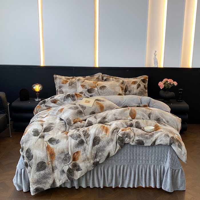 91家纺网 家纺一手货源 找家纺 美伦美焕 2025新款直播热款高克重兔毛绒床盖款四件套 叶影-灰