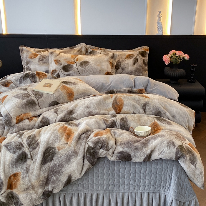 91家纺网 家纺一手货源 找家纺 美伦美焕 2025新款直播热款高克重兔毛绒床盖款四件套 叶影-灰