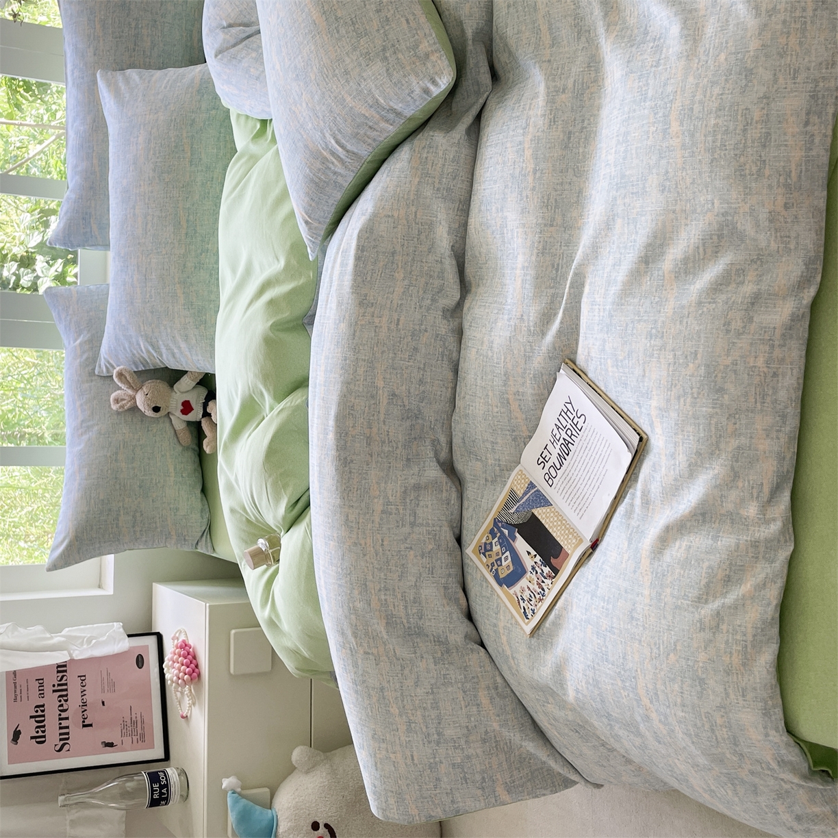 91家纺网 家纺一手货源 找家纺 本制 2025秋冬新款全棉混纺磨毛印花四件套 霞光（蓝）-无心绿