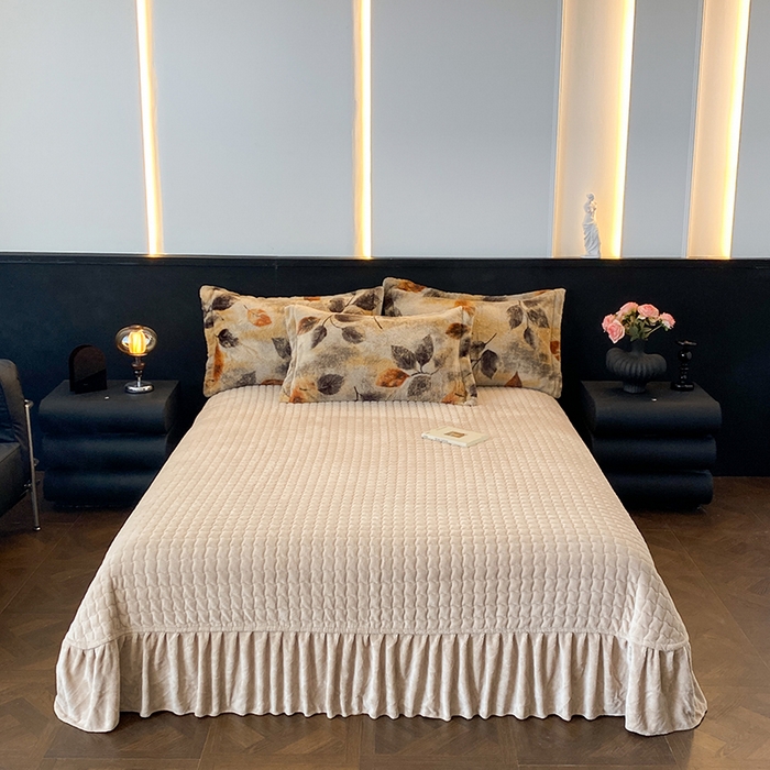 91家纺网 家纺一手货源 找家纺 美伦美焕 2025新款直播热款高克重兔毛绒床盖款四件套 叶影-咖