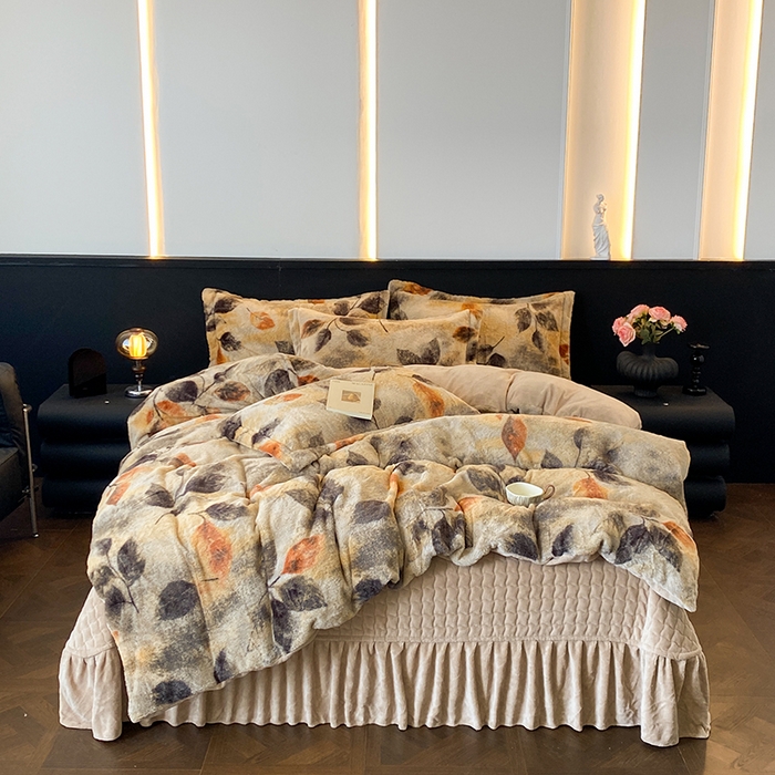 91家纺网 家纺一手货源 找家纺 美伦美焕 2025新款直播热款高克重兔毛绒床盖款四件套 叶影-咖