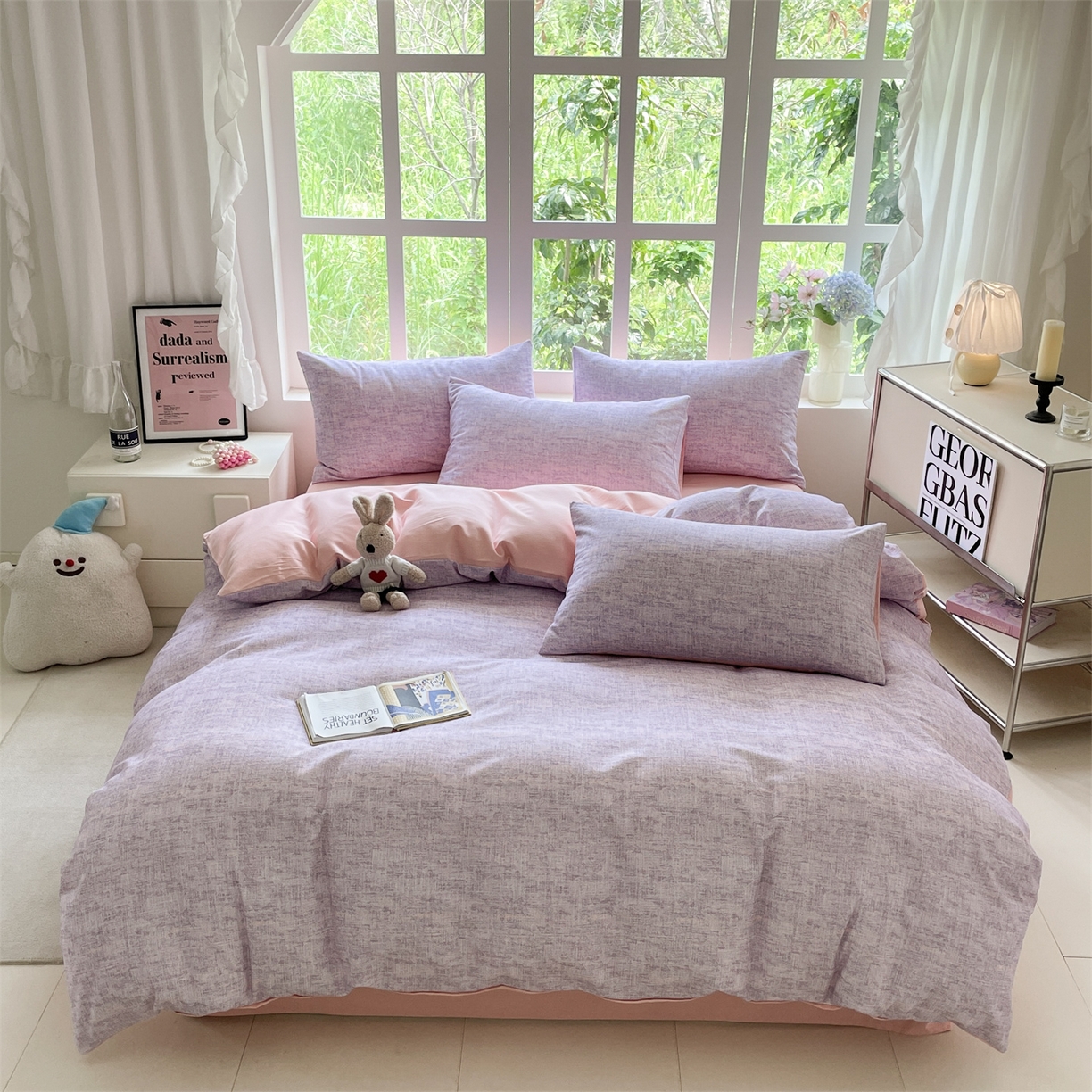 本制 2025秋冬新款全棉混纺磨毛印花四件套 霞光（紫）-杨妃粉