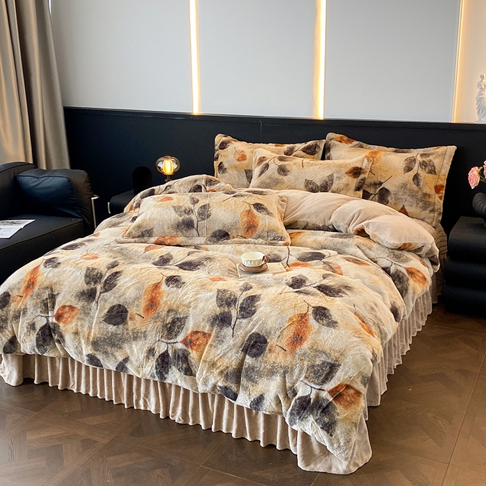 91家纺网 家纺一手货源 找家纺 美伦美焕 2025新款直播热款高克重兔毛绒床盖款四件套 叶影-咖