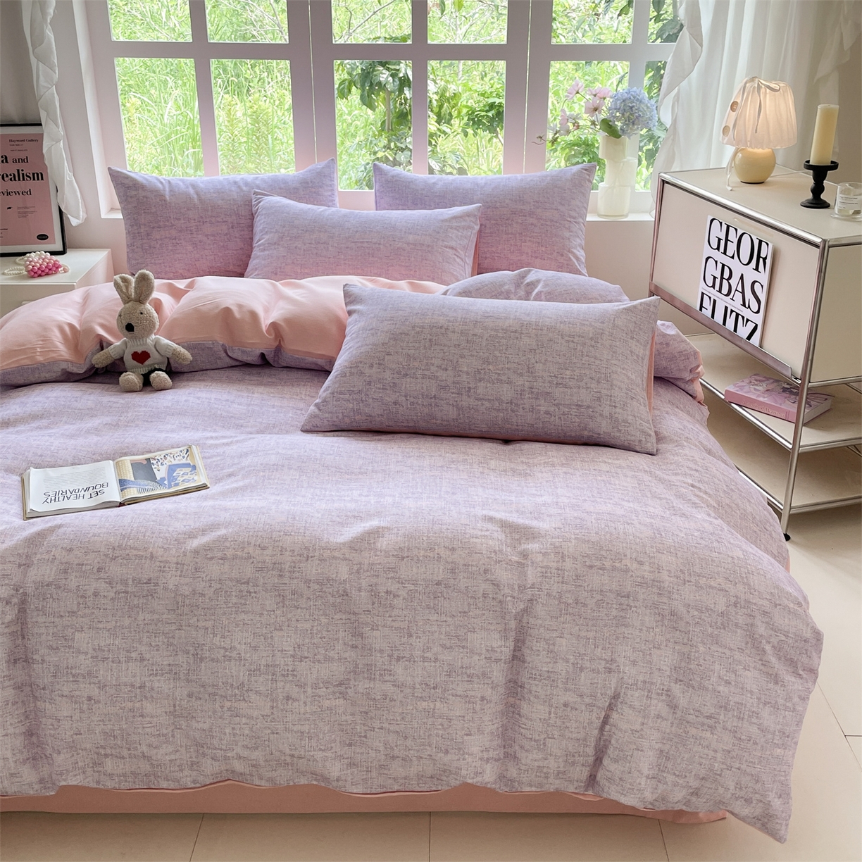 91家纺网 家纺一手货源 找家纺 本制 2025秋冬新款全棉混纺磨毛印花四件套 霞光（紫）-杨妃粉