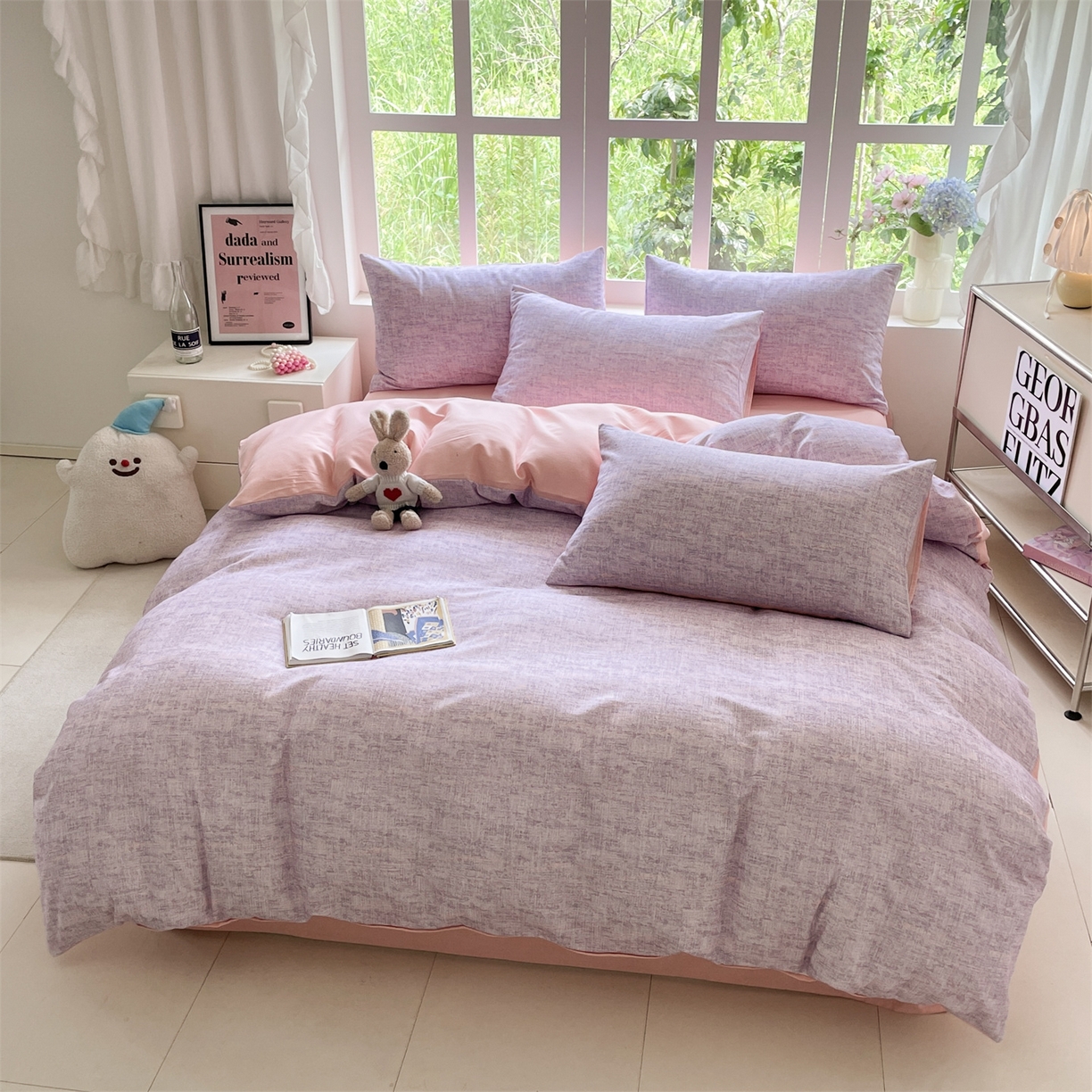 91家纺网 家纺一手货源 找家纺 本制 2025秋冬新款全棉混纺磨毛印花四件套 霞光（紫）-杨妃粉