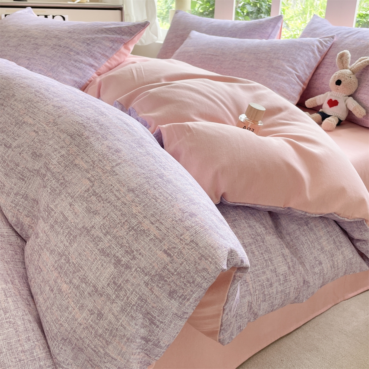 91家纺网 家纺一手货源 找家纺 本制 2025秋冬新款全棉混纺磨毛印花四件套 霞光（紫）-杨妃粉