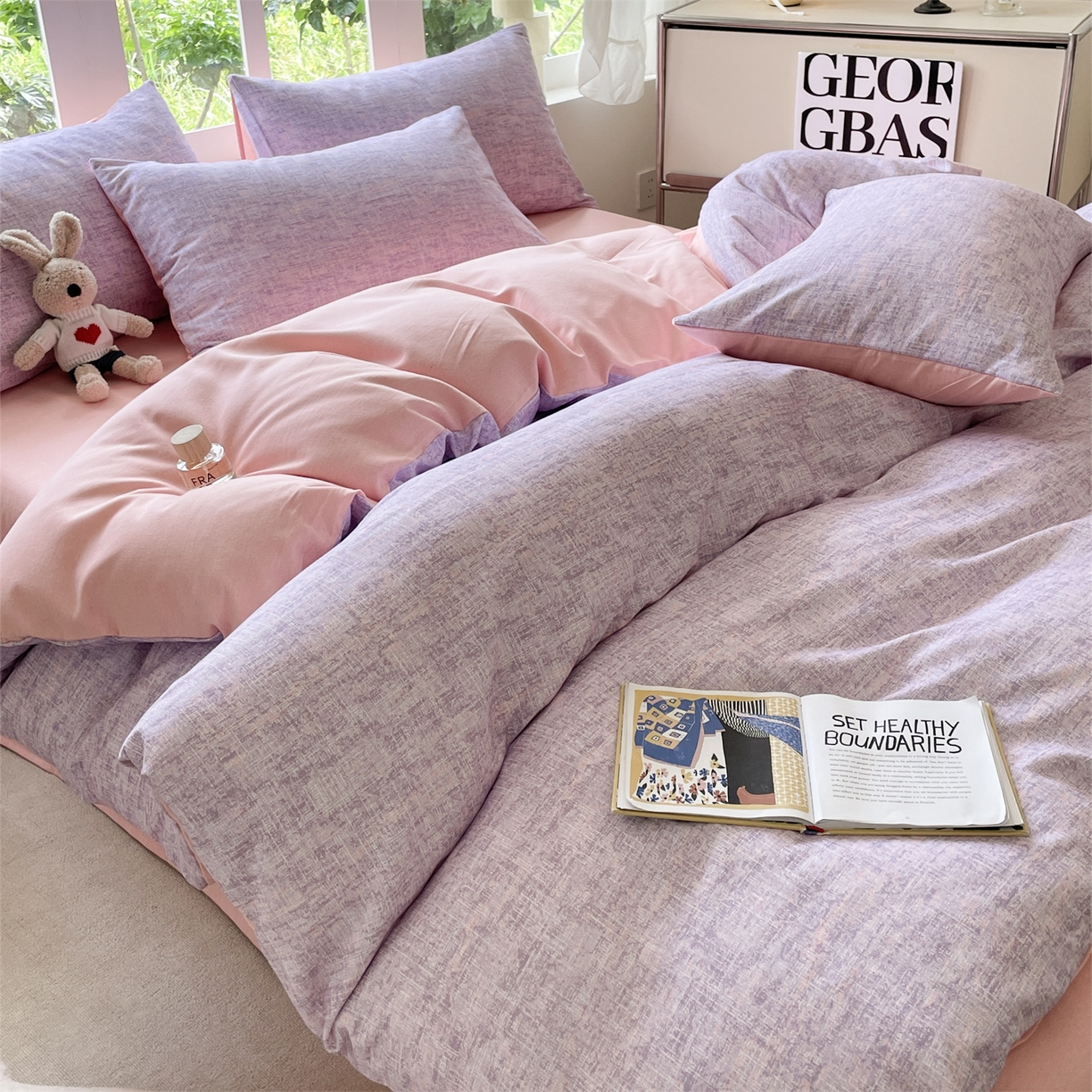 91家纺网 家纺一手货源 找家纺 本制 2025秋冬新款全棉混纺磨毛印花四件套 霞光（紫）-杨妃粉