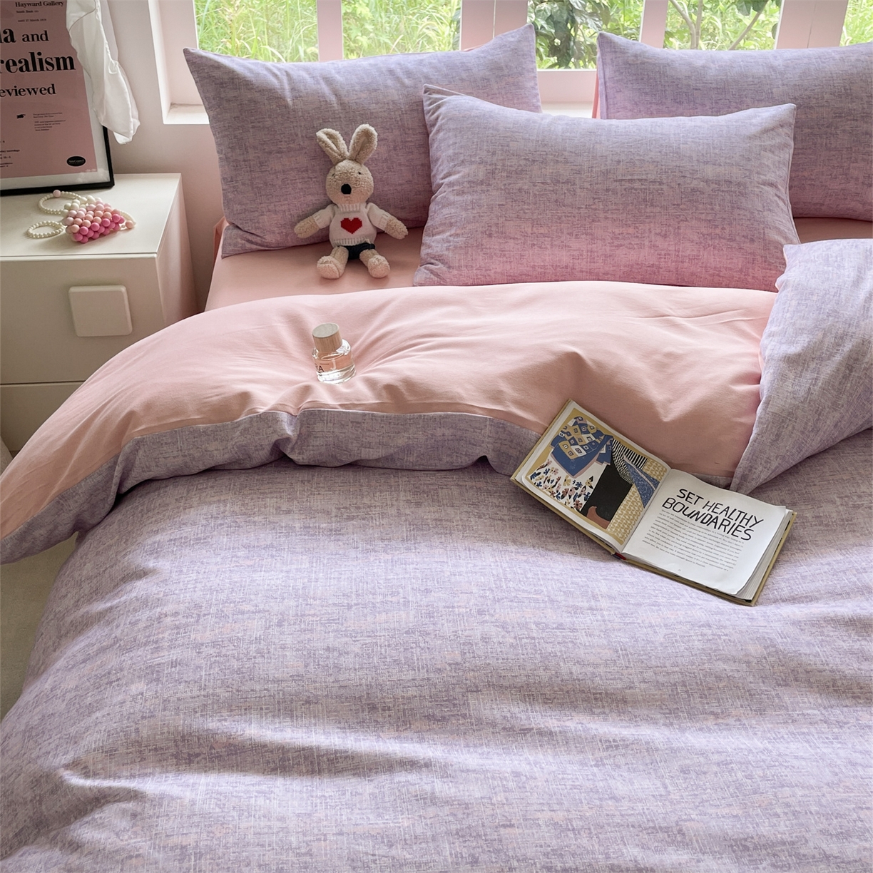 91家纺网 家纺一手货源 找家纺 本制 2025秋冬新款全棉混纺磨毛印花四件套 霞光（紫）-杨妃粉